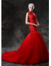 Red Lace Tulle High Neck Mermaid Long Wedding Dress